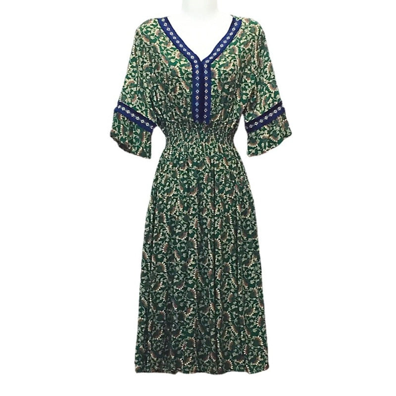 Summer Loose Casual Women Printed V-Neck Trumpet Sleeve Midi Dress