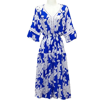 Summer Loose Casual Women Printed V-Neck Trumpet Sleeve Midi Dress