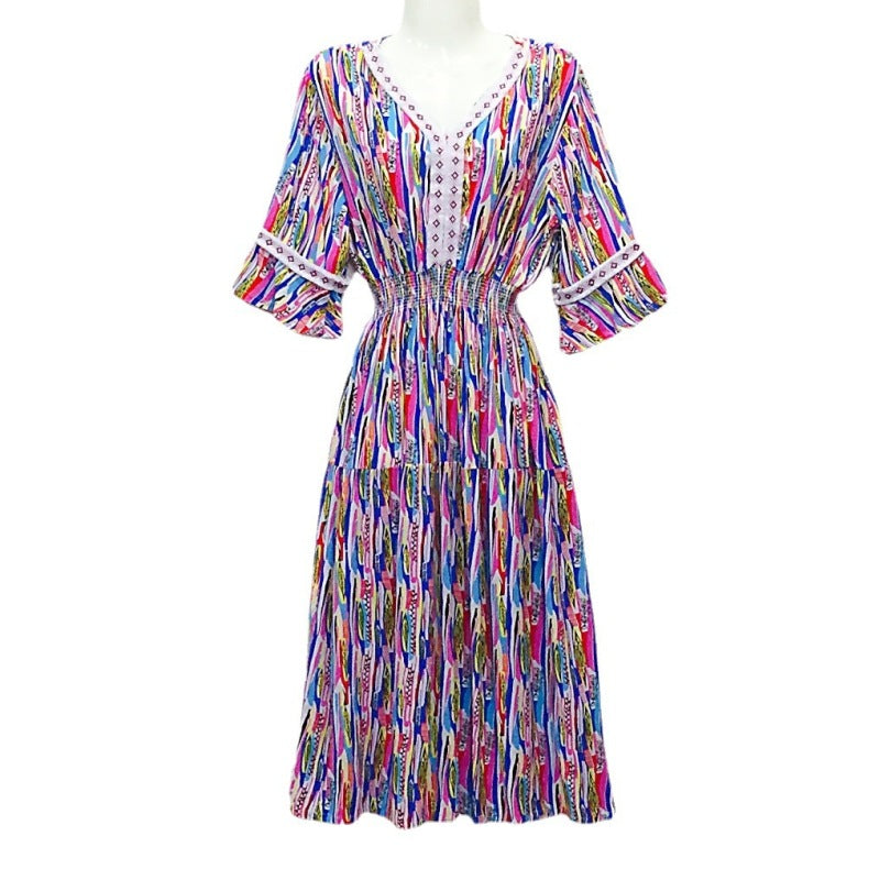 Summer Loose Casual Women Printed V-Neck Trumpet Sleeve Midi Dress