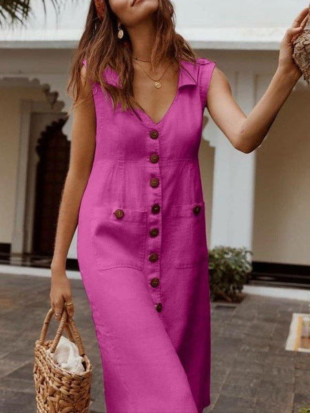 Casual Women V Collar Single-Breasted Button Pocket Sleeveless Midi Dress