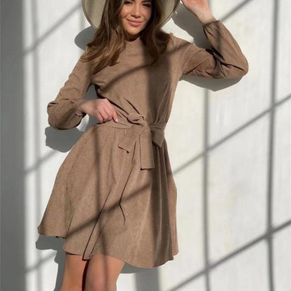 Women Tie-Up Mid-Length Casual Solid Long-Sleeved Pullover Elegant Midi Dress