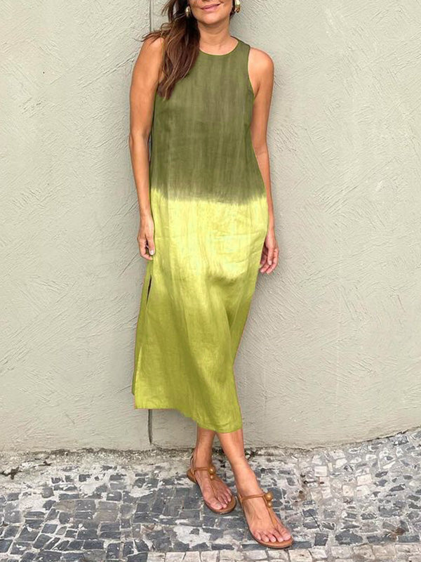 Women Summer Casual Cotton Linen Sleeveless Side Slit Gradient Color Midi Dress