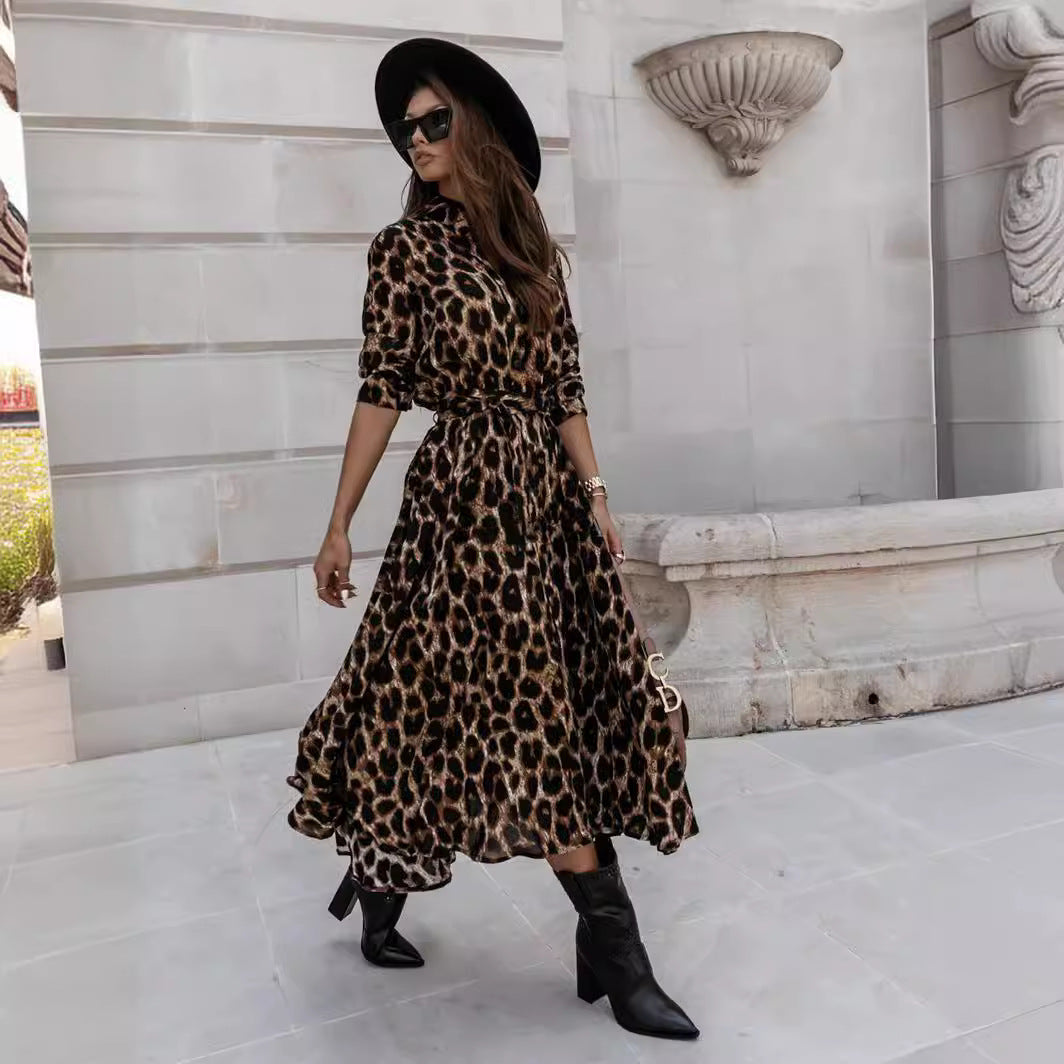 Women Autumn And Winter Long Sleeve Leopard Printed Casual Midi Dress