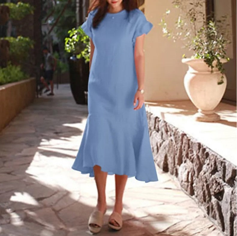 Women Casual Summer Short Sleeve Round Neck Solid Color Ruffled Fishtail Midi Dress
