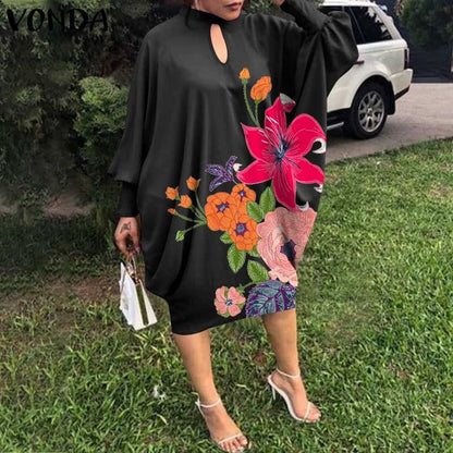 Women Casual Elegant Vintage Long Sleeve Floral Printed Midi Dress