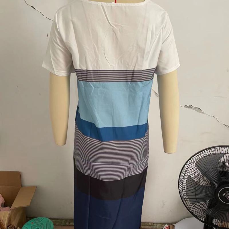 Women Casual Color Blocking Short Sleeve Round Neck Loose Midi Dress