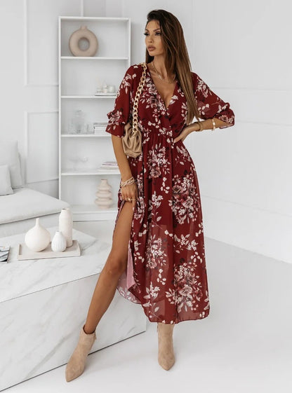Women Fashion Elegant Casual V-Neck Slim Side Slit Chiffon Floral Print Midi Dress