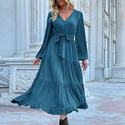 Casual Autumn And Winter Women Long Sleeve Pleated Ruffled Midi Dress