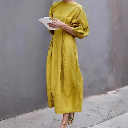 Women Casual Solid Color Loose Puff Sleeve Maxi Dress