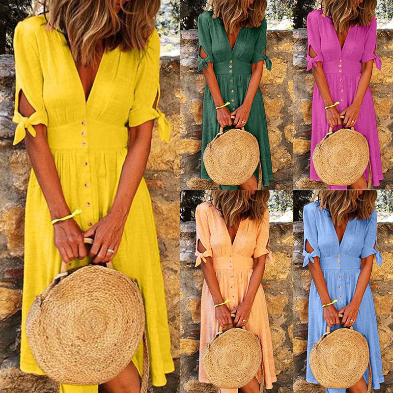 Women Casual Boho Short-Sleeved Defined Waist Multi-Button Midi Dress