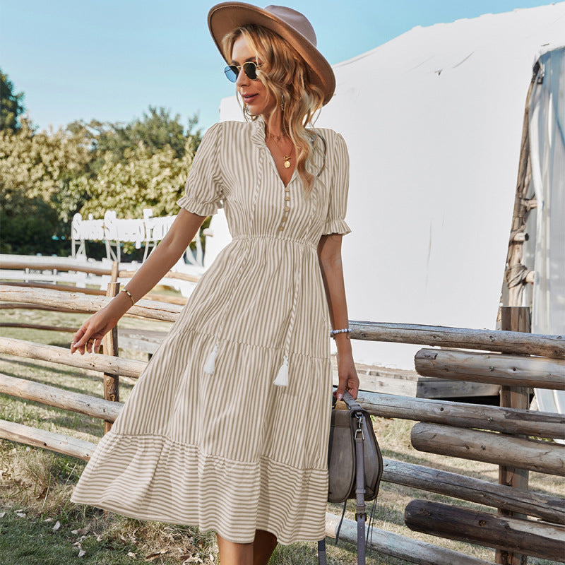 Fashion Women Summer Casual Vacation Stripeprint Short Sleeve Midi Dress