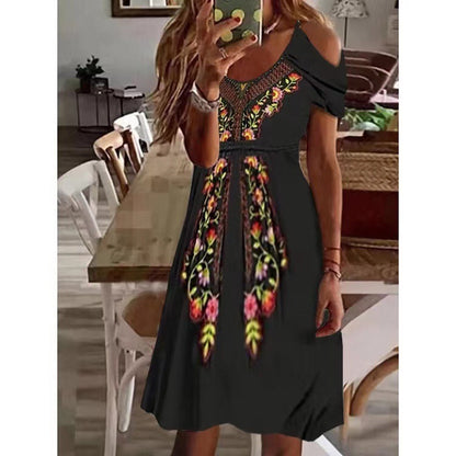 Women Bohemian Style Pleated Off-Shoulder Short-Sleeved Casual Midi Dress