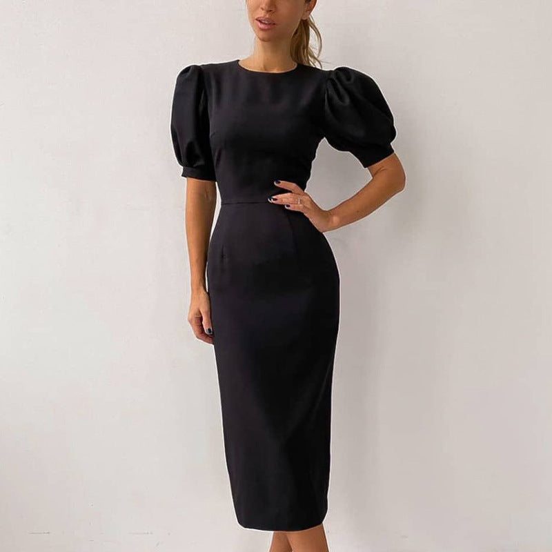 Women Casual Elegant Summer Round Neck Short Sleeve Tight High Waist Puff Sleeve Midi Dress