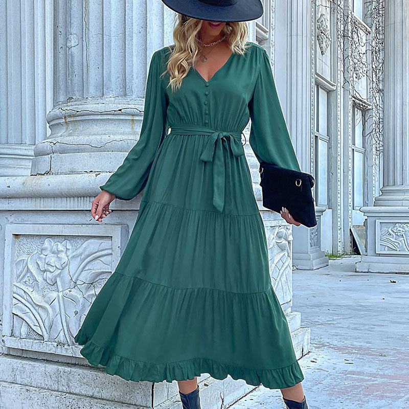Casual Autumn And Winter Women Long Sleeve Pleated Ruffled Midi Dress