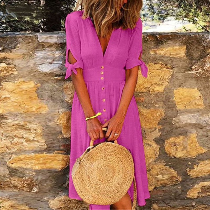 Women Casual Vacation Solid Color V-Neck Knotted Half-Sleeved Midi Dress