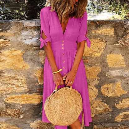 Women Casual Vacation Solid Color V-Neck Knotted Half-Sleeved Midi Dress