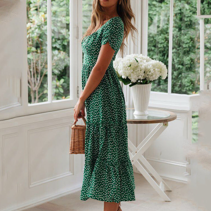 Women Fashion Vacation Casual Square Neck Short Sleeve Defined Waist Floral Midi Dress