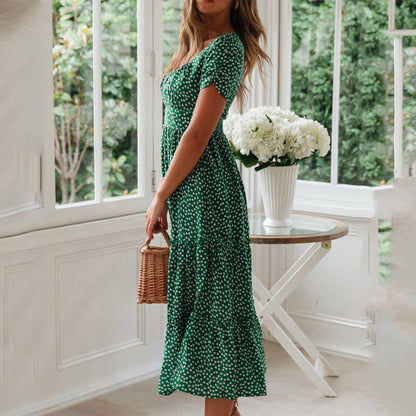 Women Fashion Vacation Casual Square Neck Short Sleeve Defined Waist Floral Midi Dress