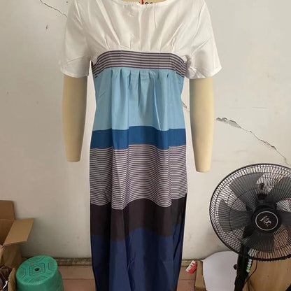 Women Casual Color Blocking Short Sleeve Round Neck Loose Midi Dress