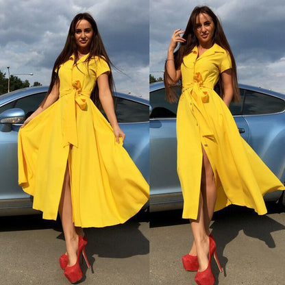 Women Casual Elegant Solid Color Short Sleeve Lapel Buttoned Midi Dress