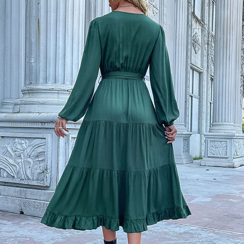 Casual Autumn And Winter Women Long Sleeve Pleated Ruffled Midi Dress