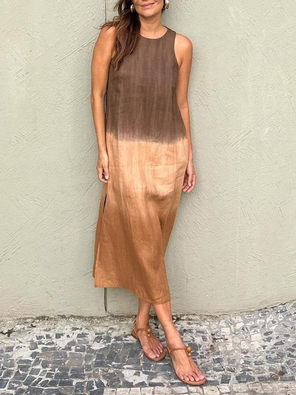 Women Summer Casual Cotton Linen Sleeveless Side Slit Gradient Color Midi Dress