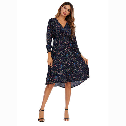 Women Casual Spring Chiffon Floral Print V-Neck Long-Sleeved Surplice Midi Dress