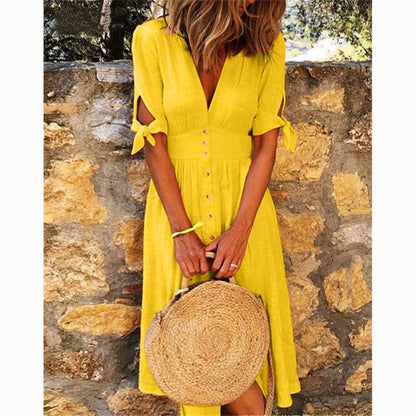 Women Casual Vacation Solid Color V-Neck Knotted Half-Sleeved Midi Dress
