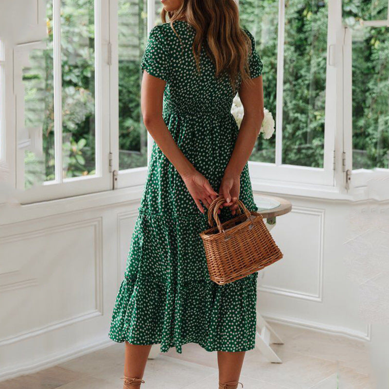 Women Fashion Vacation Casual Square Neck Short Sleeve Defined Waist Floral Midi Dress