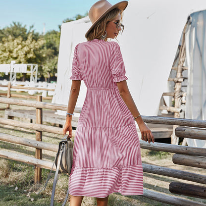 Fashion Women Summer Casual Vacation Stripeprint Short Sleeve Midi Dress