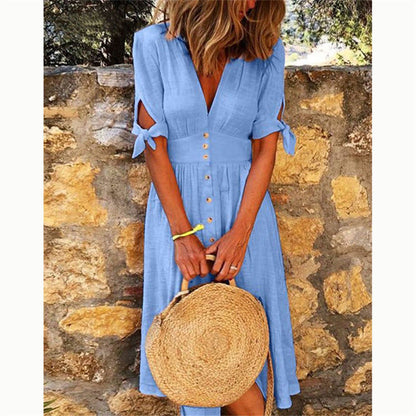 Women Casual Vacation Solid Color V-Neck Knotted Half-Sleeved Midi Dress