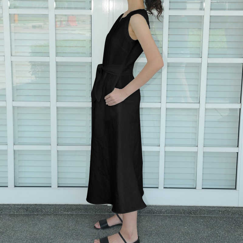 Women Fashion Casual V-Neck Cotton Linen Hem Slit Sleeveless Midi Dress