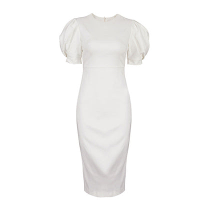 Women Casual Elegant Summer Round Neck Short Sleeve Tight High Waist Puff Sleeve Midi Dress