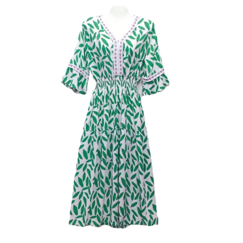 Summer Loose Casual Women Printed V-Neck Trumpet Sleeve Midi Dress