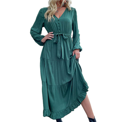 Casual Autumn And Winter Women Long Sleeve Pleated Ruffled Midi Dress