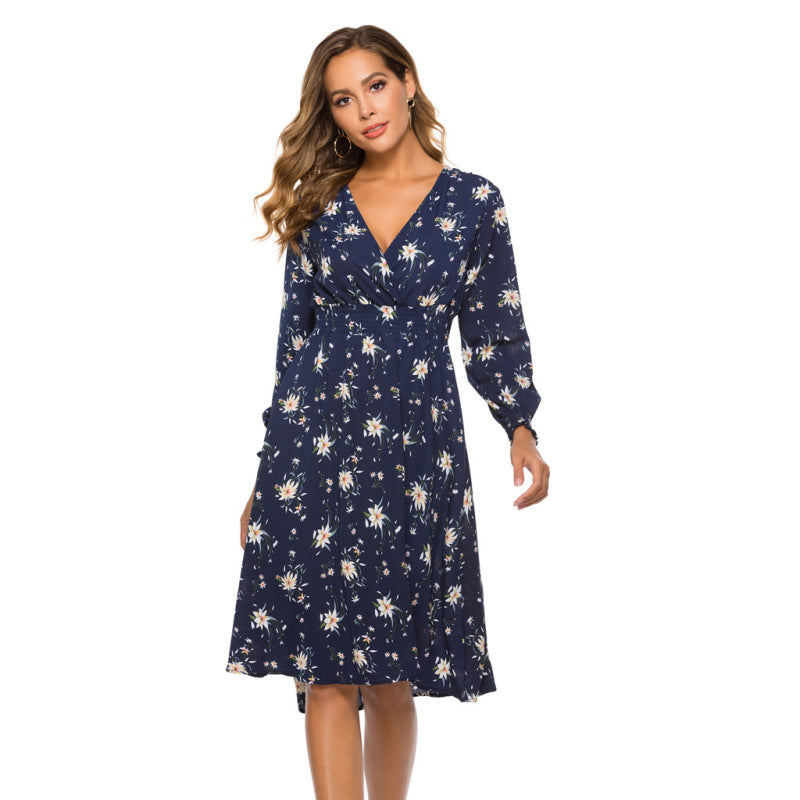 Women Casual Spring Chiffon Floral Print V-Neck Long-Sleeved Surplice Midi Dress