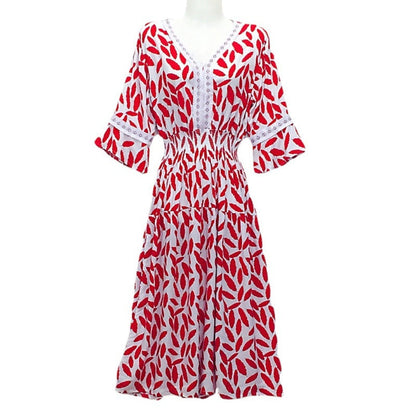 Summer Loose Casual Women Printed V-Neck Trumpet Sleeve Midi Dress