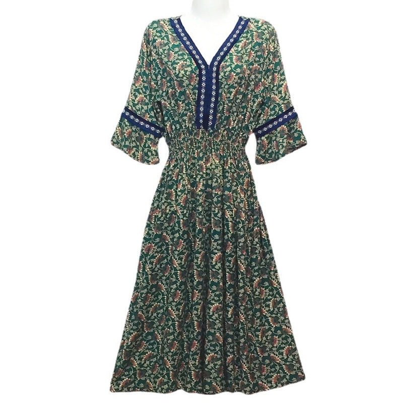 Summer Loose Casual Women Printed V-Neck Trumpet Sleeve Midi Dress
