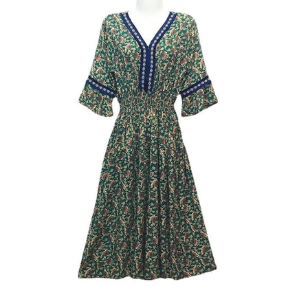 Summer Loose Casual Women Printed V-Neck Trumpet Sleeve Midi Dress