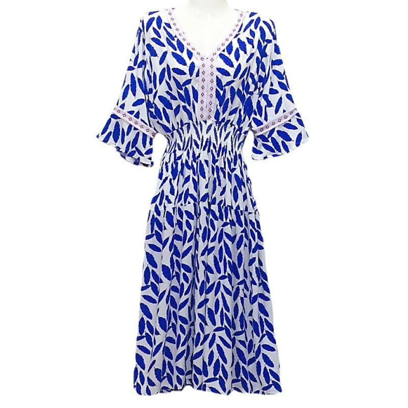 Summer Loose Casual Women Printed V-Neck Trumpet Sleeve Midi Dress