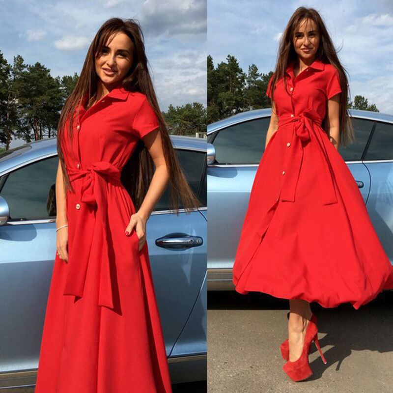 Women Casual Elegant Solid Color Short Sleeve Lapel Buttoned Midi Dress