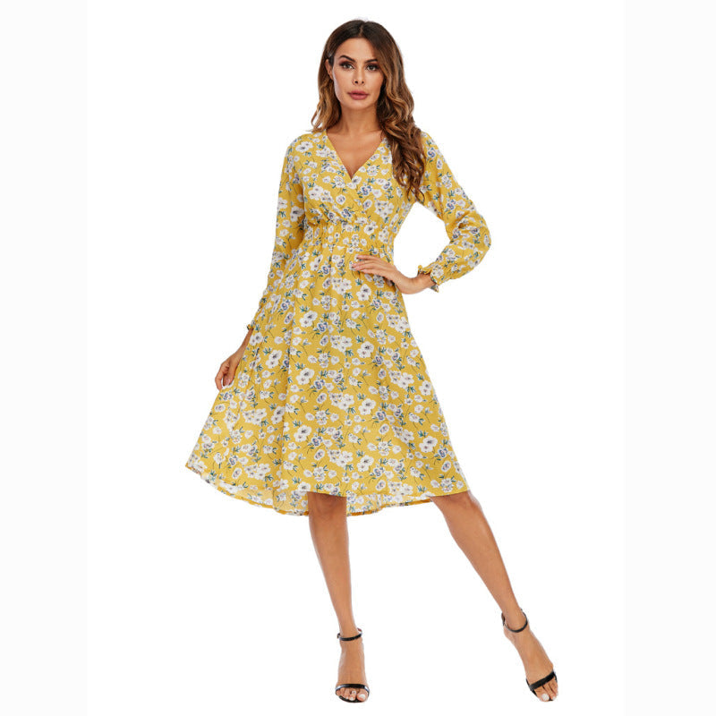 Women Casual Spring Chiffon Floral Print V-Neck Long-Sleeved Surplice Midi Dress