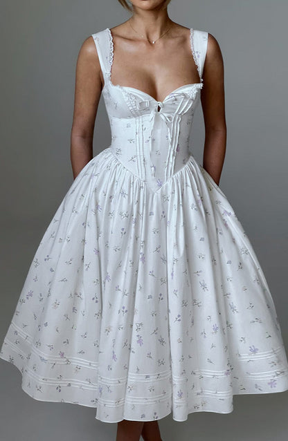 Romanadia Midi Dress - White Multi Floral Print