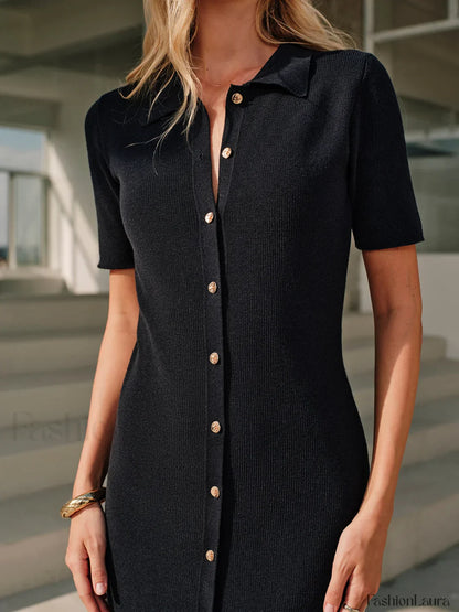 Metal Button Collar Midi Dress