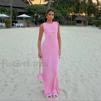 New Fashion Sexy Sleeveless Knitted O Neck Long Women Holiday Slim Fit Knit Beach Summer Maxi Dress