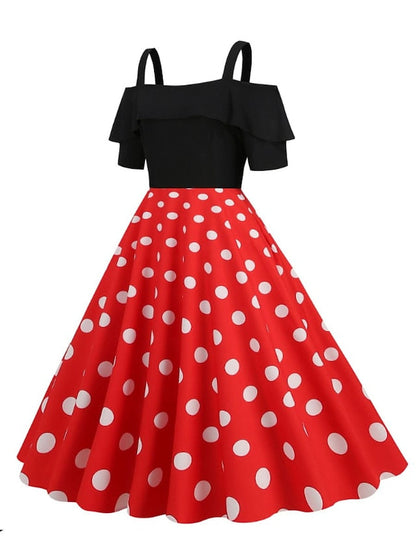 1950s Vintage Vintage Dress Midi Dress Holiday Date Ruched Print Polka Dot Spaghetti Strap Short Sleeve Regular Fit Summer Spring  Black Yellow S M L XL for Women