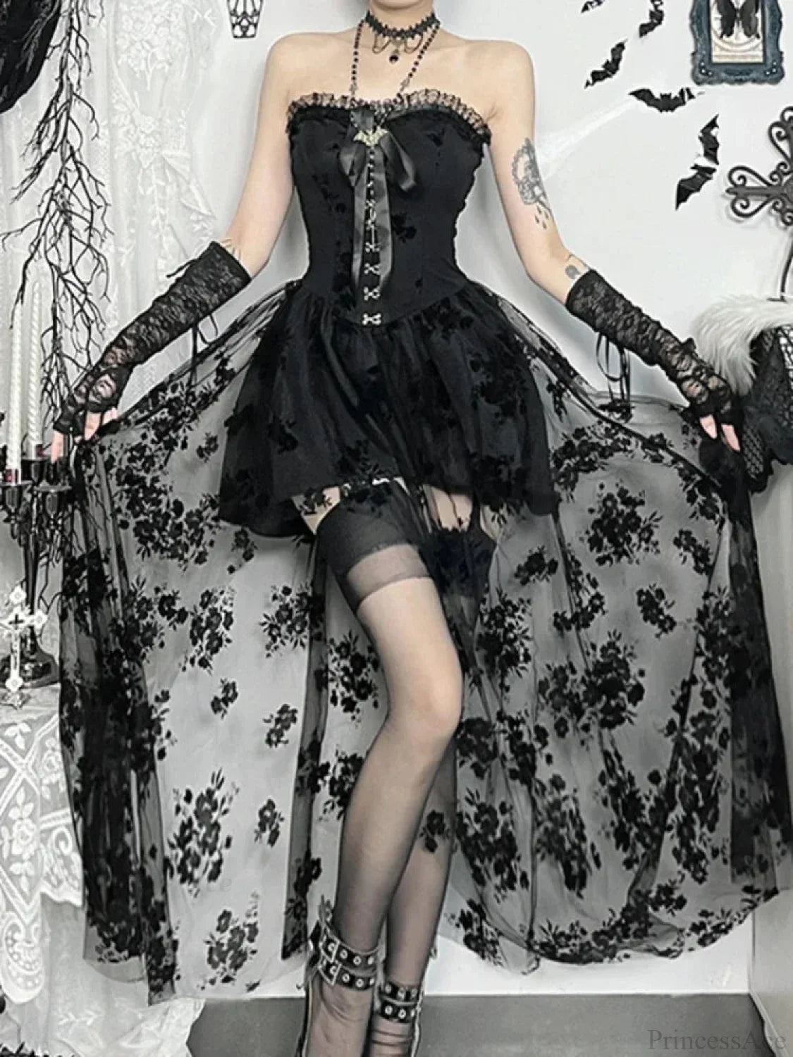 Obscure Blooms Net Bodice Midi Dress