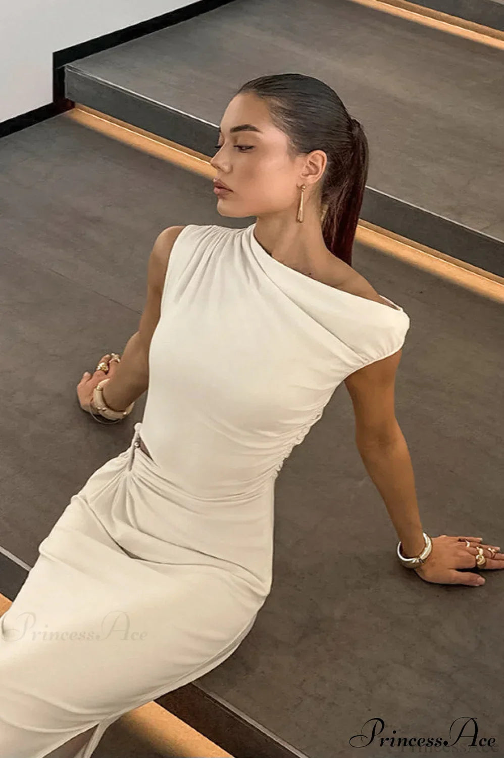 Off Shoulder Beige Ruched Bodycon Elegant Maxi Dress