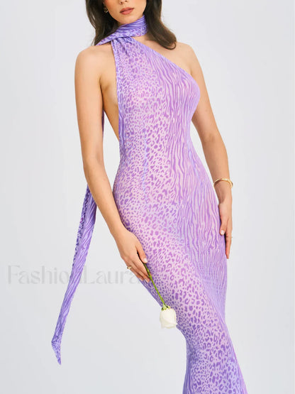 Olena Purple Burnout Velvet Animal Trendy Print Mesh Halter Neck Maxi Dress