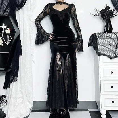 Patchwork Velvet Long Sleeve Midi Dress